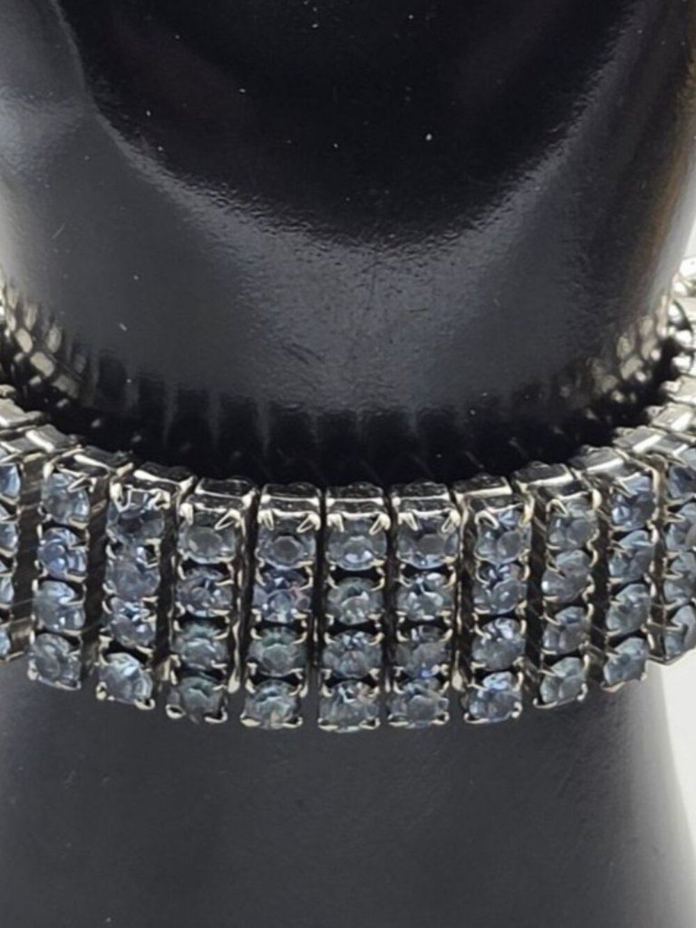 VTG Unsigned Heavy Rhodium Plated 4 Row Light Blue Rhinestone Expansion Bracelet